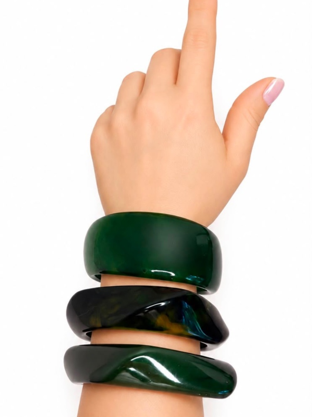 Green Chunky Bangle Bracelet Set – Oversized Statement Dark Emerald Stack